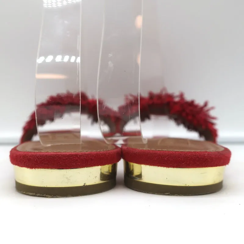Aquazzura Wild Thing Flat Slide Sandals Red Fringed Suede Size 37.5