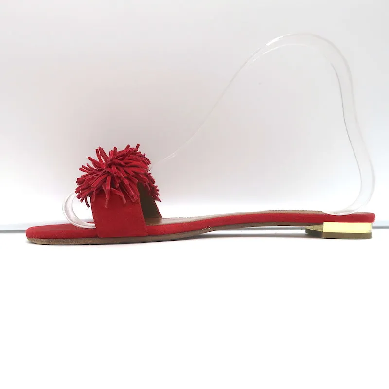 Aquazzura Wild Thing Flat Slide Sandals Red Fringed Suede Size 37.5