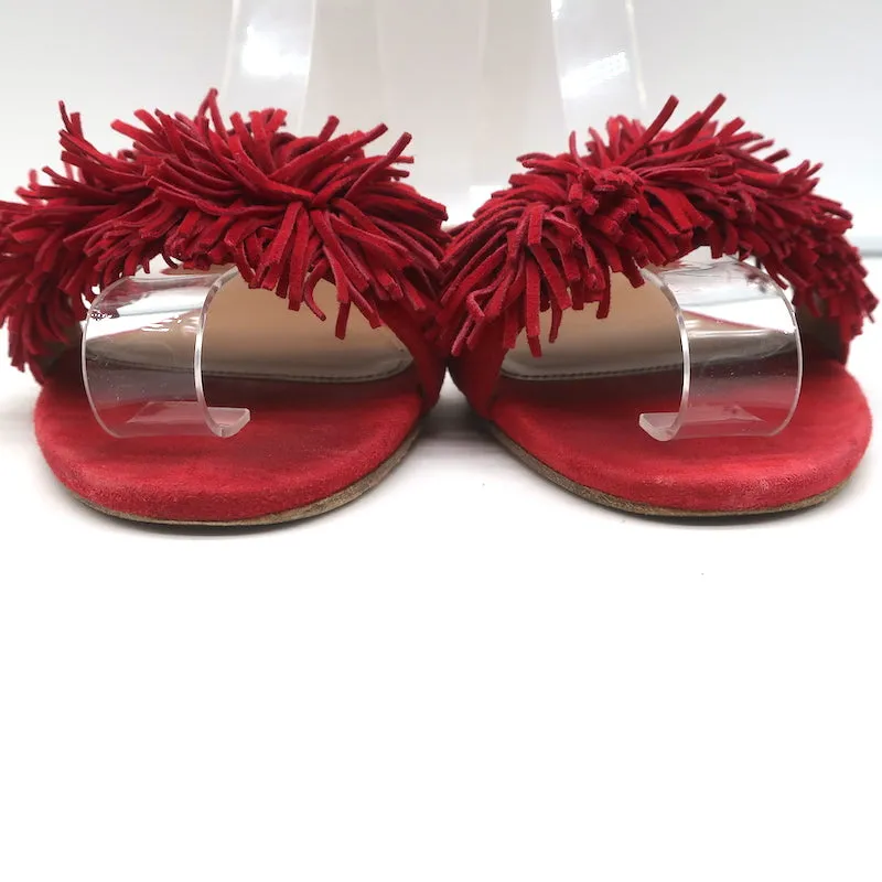 Aquazzura Wild Thing Flat Slide Sandals Red Fringed Suede Size 37.5