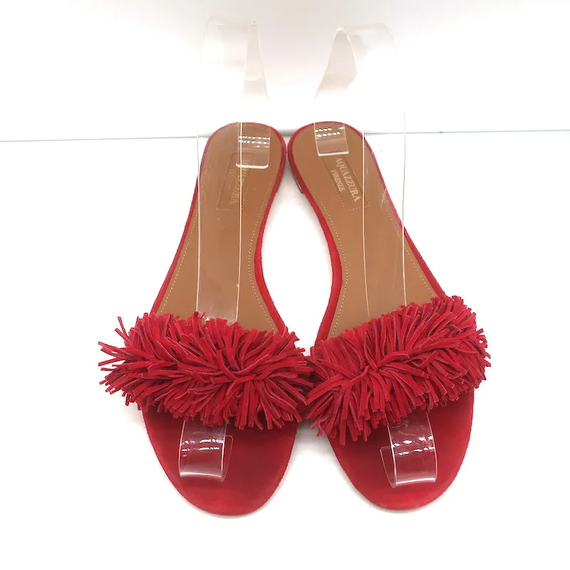 Aquazzura Wild Thing Flat Slide Sandals Red Fringed Suede Size 37.5