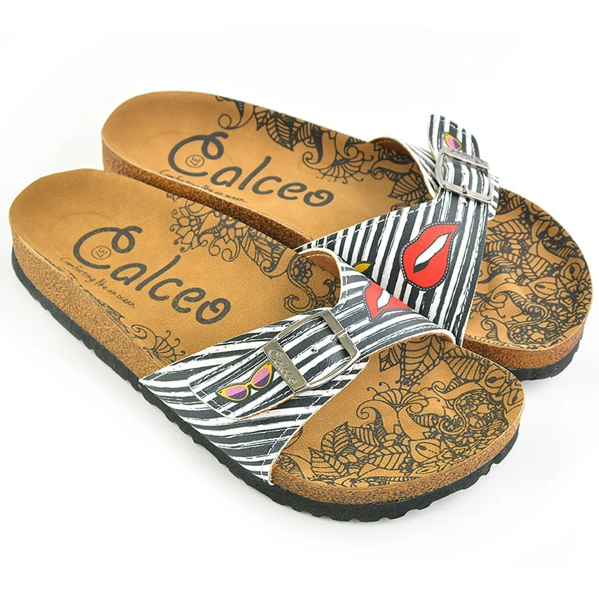 Black & White Lips Buckle-Accent Sandal CAL902